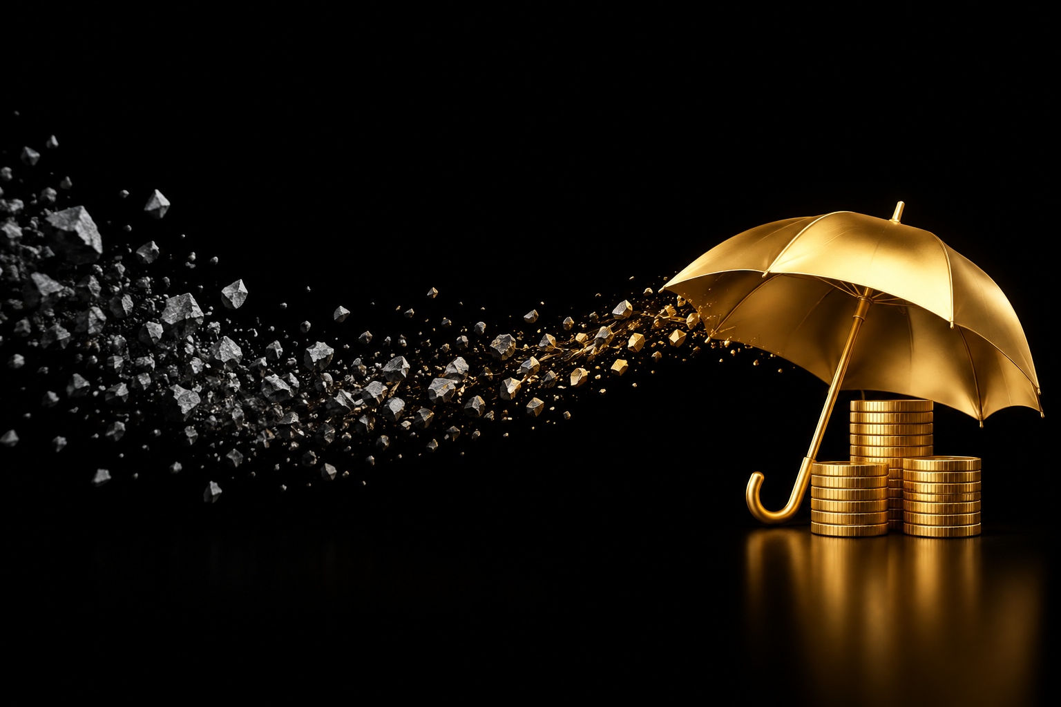 Abstrakte Illustration: ein goldener Regenschirm schützt auf schwarzem Grund einen kleinen Stapel goldener Münzen, Symbolbild für den Notgroschen