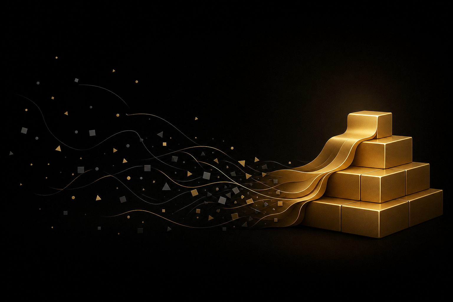 Abstrakte Illustration: verstreute graue Splitter auf schwarzem Grund fließen zu einem goldenen, sauber gestapelten Fundament aus Bausteinen mit einer Stufe nach oben, Symbolbild für den Aufbau eines Online Business