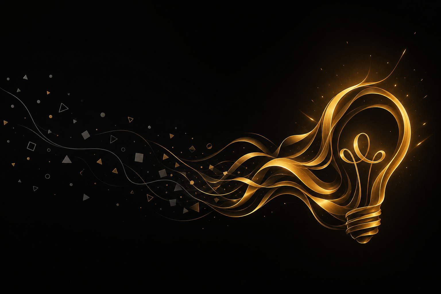 Abstrakte Illustration: verstreute graue Splitter auf schwarzem Grund fließen zu einer goldenen, leuchtenden Glühbirne mit kleinen Funken, Symbolbild für Online Business Ideen