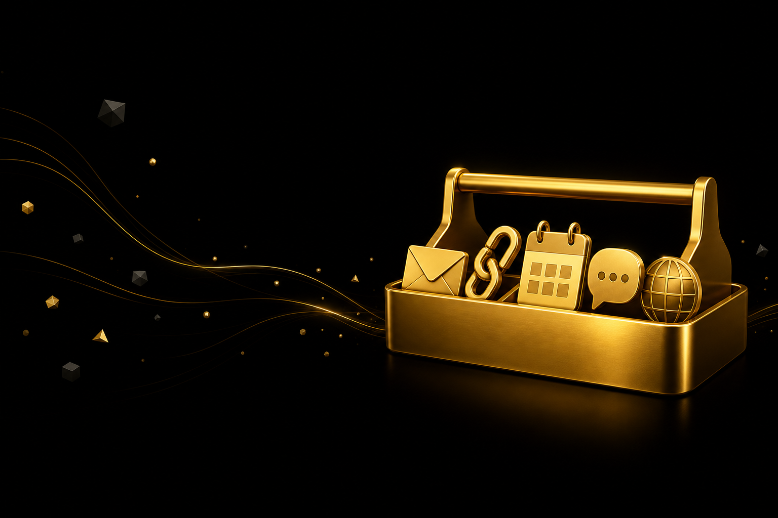 Abstrakte Illustration: goldener Werkzeugkasten auf schwarzem Grund mit Briefumschlag, Kettenglied, Kalender, Sprechblase und Globus, Symbolbild für Tools im Online Business