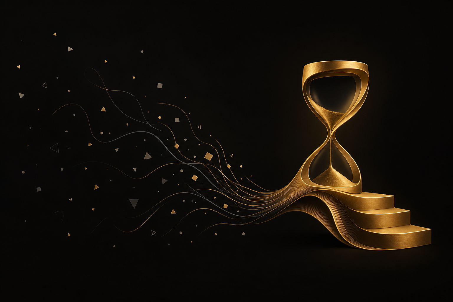 Abstrakte Illustration: verstreute graue Splitter auf schwarzem Grund fließen zu einer goldenen Sanduhr neben drei kleinen Stufen, Symbolbild für Geld verdienen mit wenig Zeit