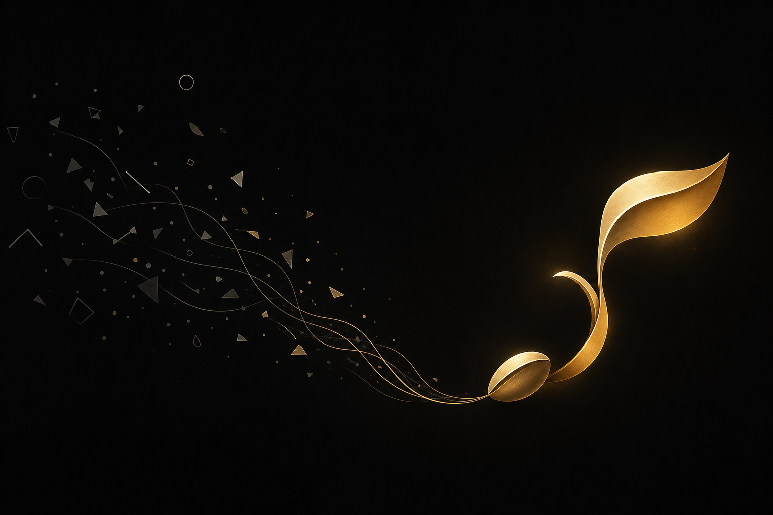 Abstrakte Illustration: verstreute graue Splitter lösen sich auf und formen einen kleinen goldenen Keim, der zu einer wachsenden, geschwungenen Pflanzenform aufsteigt, Symbolbild für Wachstum ohne Startkapital