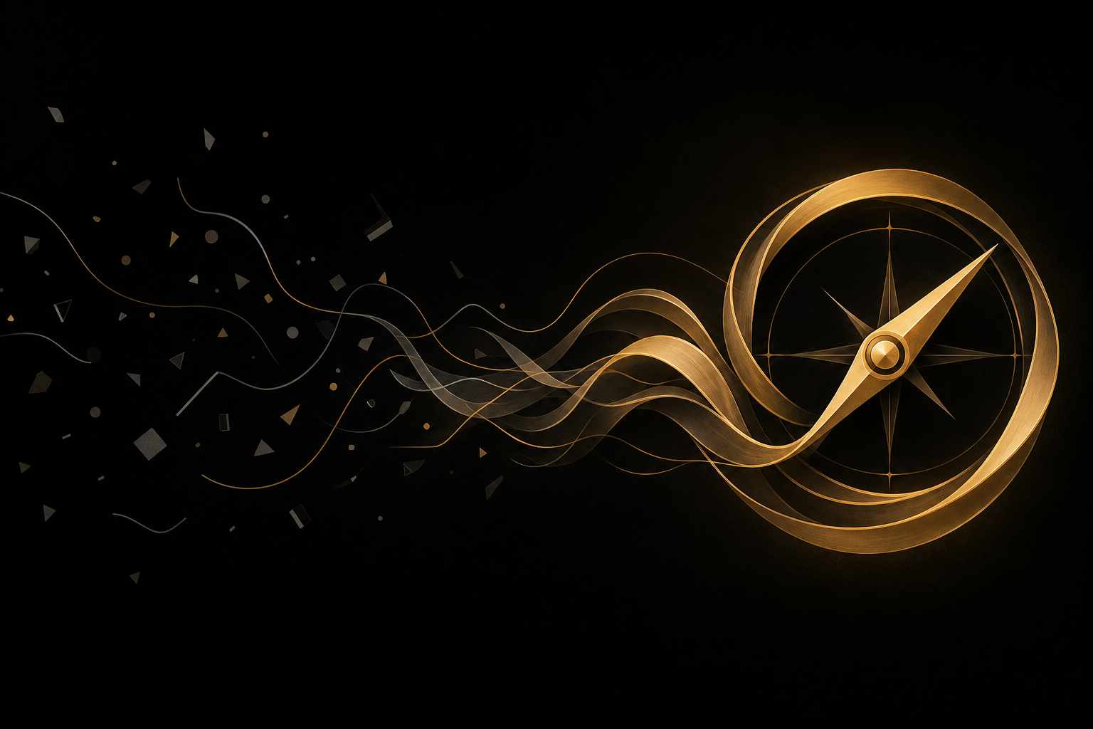 Abstrakte Illustration: verstreute graue Splitter lösen sich auf und formen einen goldenen Kompass mit Nadel, Symbolbild für Orientierung beim seriösen Geldverdienen im Internet