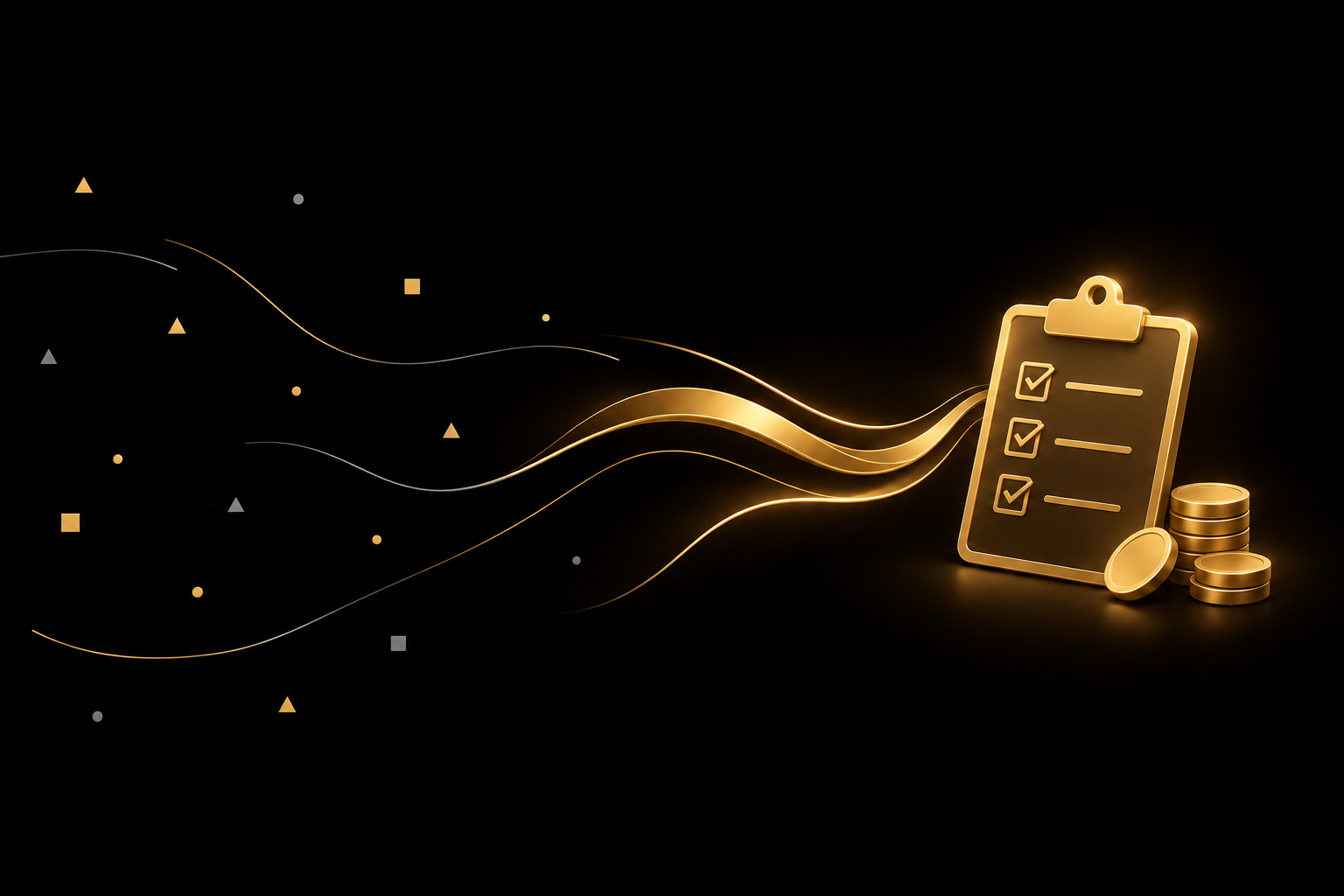 Goldenes Klemmbrett mit Ankreuzkästchen und einigen kleinen Münzen, Symbolbild für bezahlte Online-Umfragen, vor schwarzem Grund mit goldenen Splittern