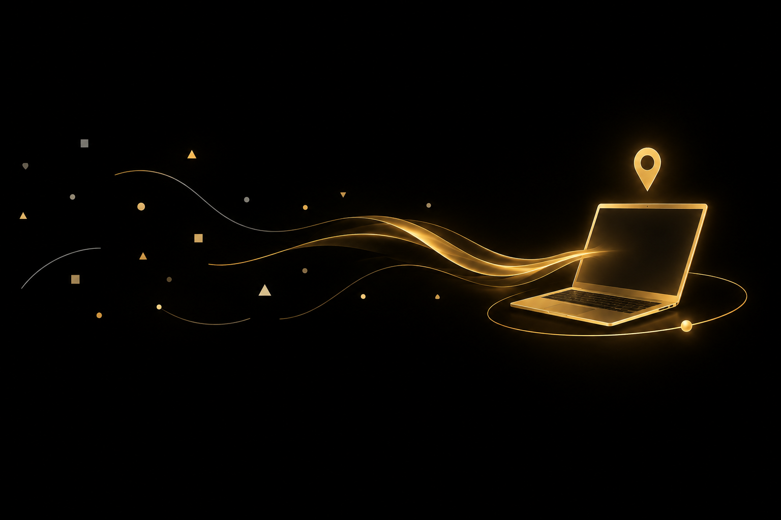 Abstrakte Illustration: verstreute Splitter auf schwarzem Grund fließen als goldene Bänder zu einem goldenen Laptop auf einer Umlaufbahn mit Standort-Symbol, Symbolbild für ortsunabhängiges Arbeiten