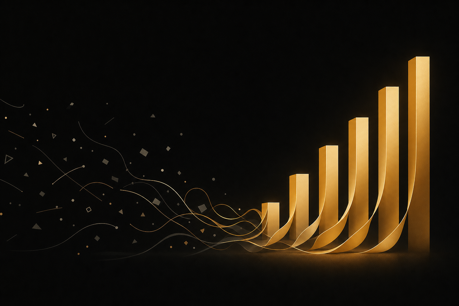 Abstrakte Illustration: verstreute graue Splitter lösen sich auf und formen mehrere gleichmäßig aufsteigende goldene Balken, Symbolbild für mehrere aufgebaute Einnahmequellen