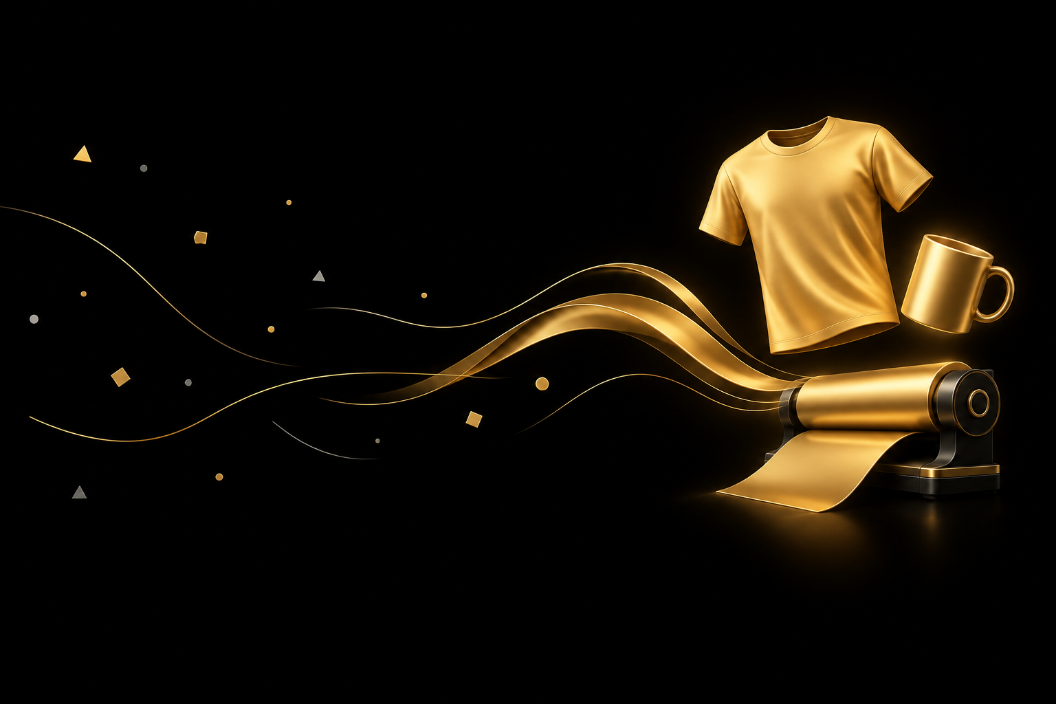 Goldenes T-Shirt und goldene Tasse schweben über einer Druckwalze auf schwarzem Grund, Symbolbild für Print on Demand