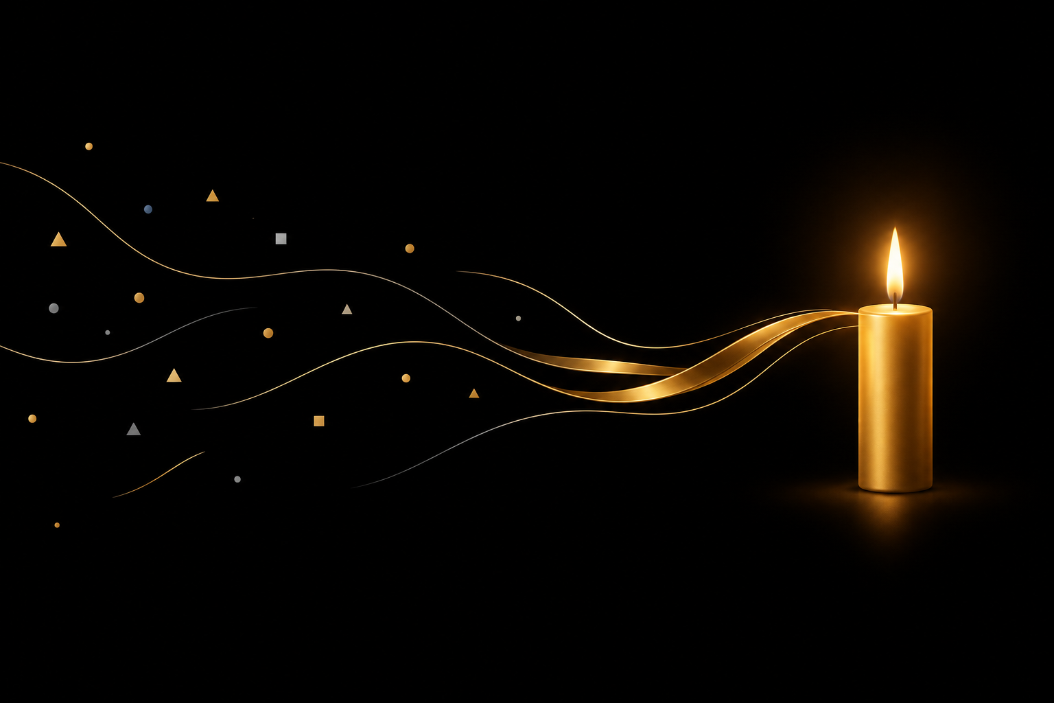 Abstrakte Illustration: verstreute Splitter auf schwarzem Grund fließen als goldene Bänder zu einer goldenen Kerze mit ruhiger Flamme, Symbolbild für den Start am Abend statt Aufschieben