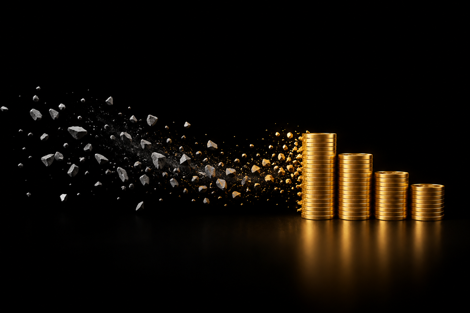 Abstrakte Illustration: graue Splitter auf schwarzem Grund werden zu vier unterschiedlich hohen goldenen Münzstapeln, Symbolbild für Provisionsmodelle