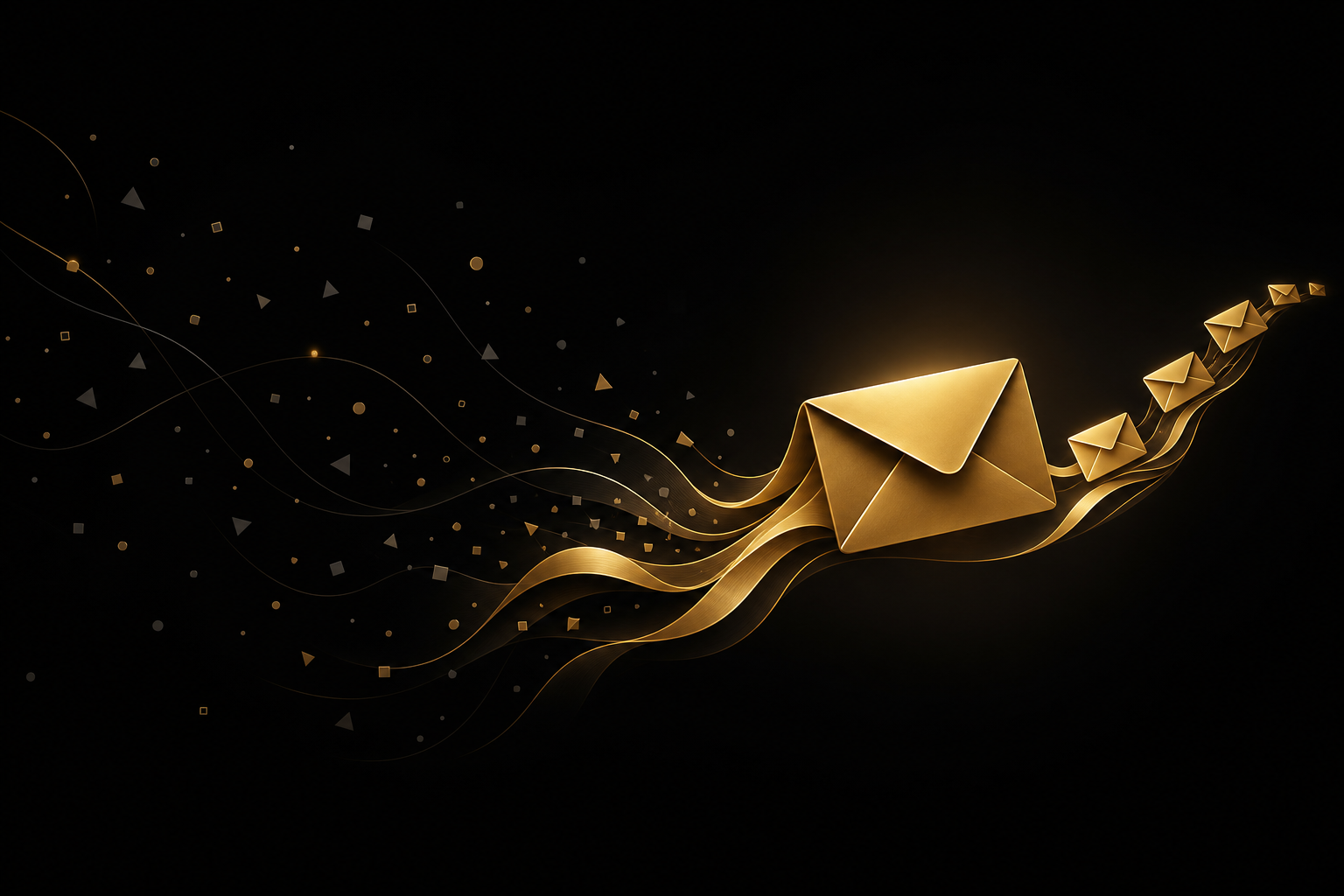 Abstrakte Illustration: verstreute graue Splitter auf schwarzem Grund fließen in einen goldenen Briefumschlag, aus dem eine Kette kleinerer Umschläge entlang einer Kurve hervorgeht, Symbolbild für automatische E-Mails