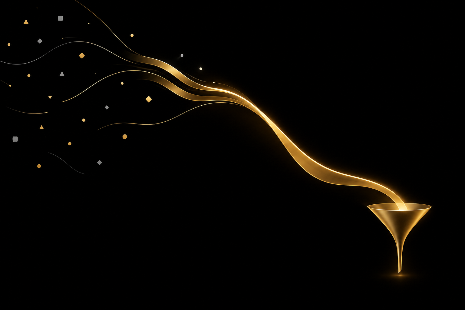 Abstrakte Illustration: verstreute Splitter auf schwarzem Grund fließen als goldene Bänder zu einer goldenen, sanft abfallenden Kurve, die in einen schmalen Trichter mündet, Symbolbild für den Weg von Reel-Aufrufen zu Leads