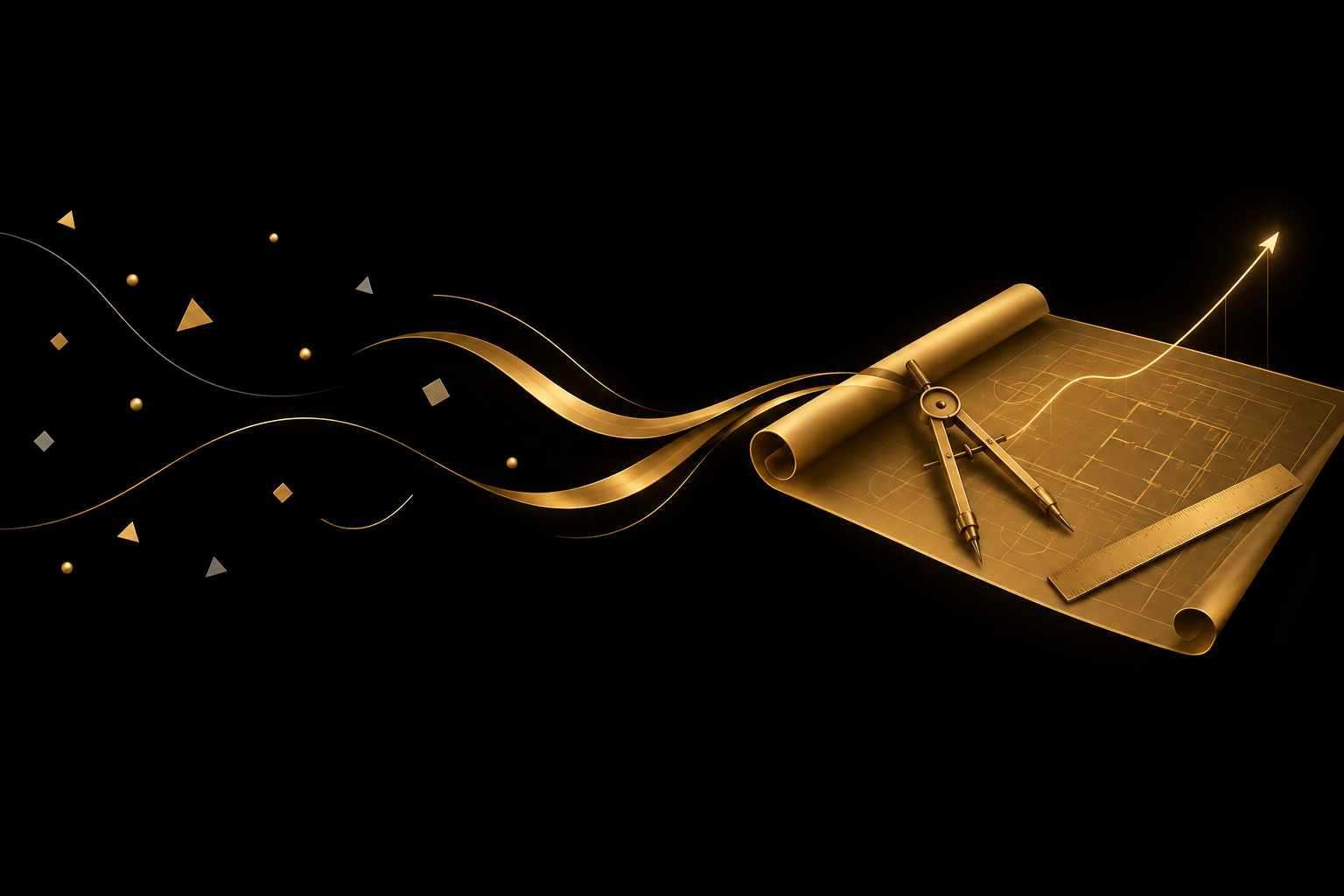 Abstrakte Illustration: verstreute Splitter auf schwarzem Grund fließen als goldene Bänder zu einem ausgerollten goldenen Bauplan mit Zirkel und Lineal, darauf eine aufsteigende Linie, Symbolbild für Finanzplan und Rentabilitätsvorschau