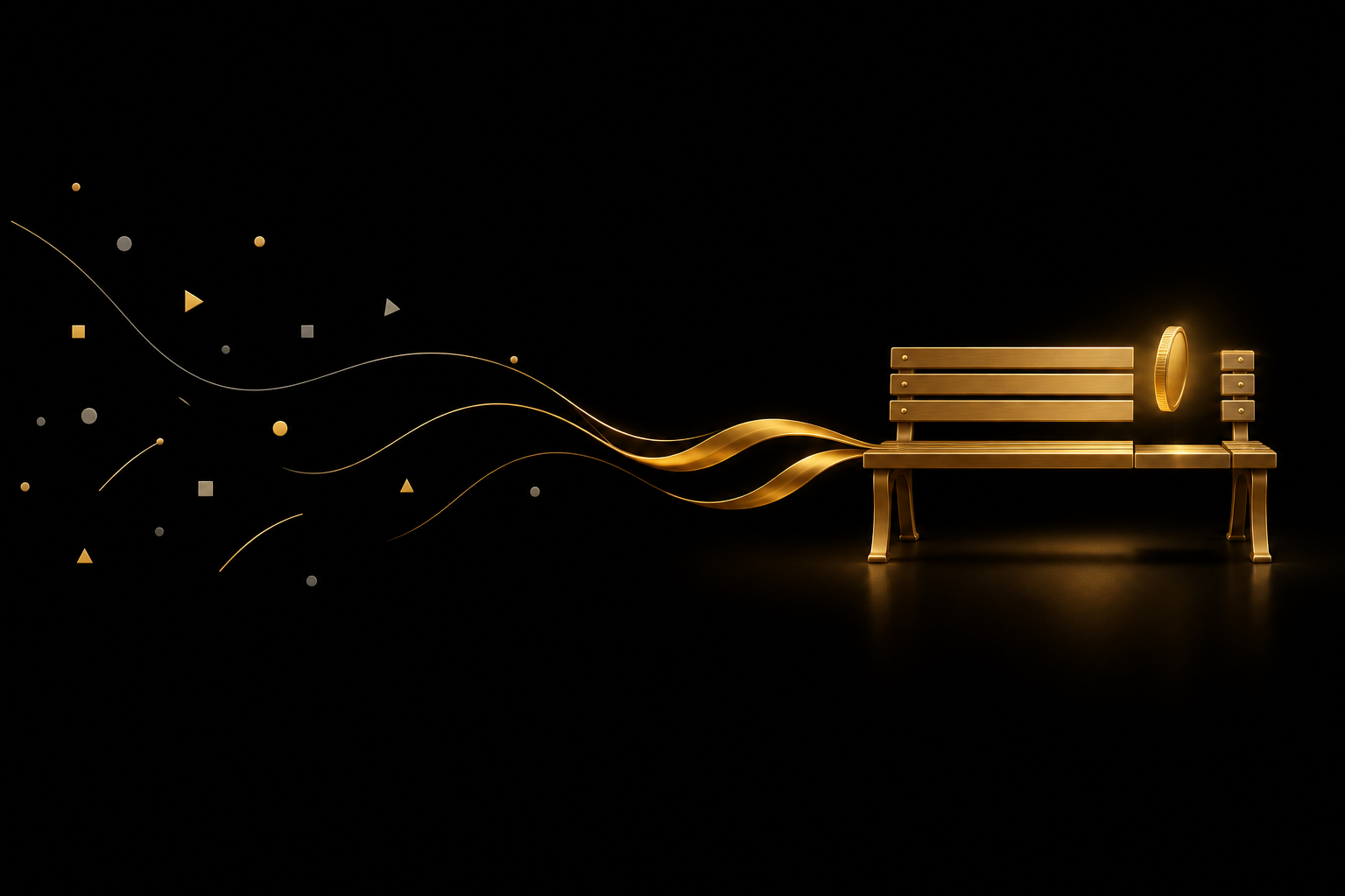 Abstrakte Illustration: verstreute Splitter auf schwarzem Grund fließen als goldene Bänder zu einer goldenen Parkbank, neben der eine goldene Münze schwebt, Symbolbild für die Rentenlücke