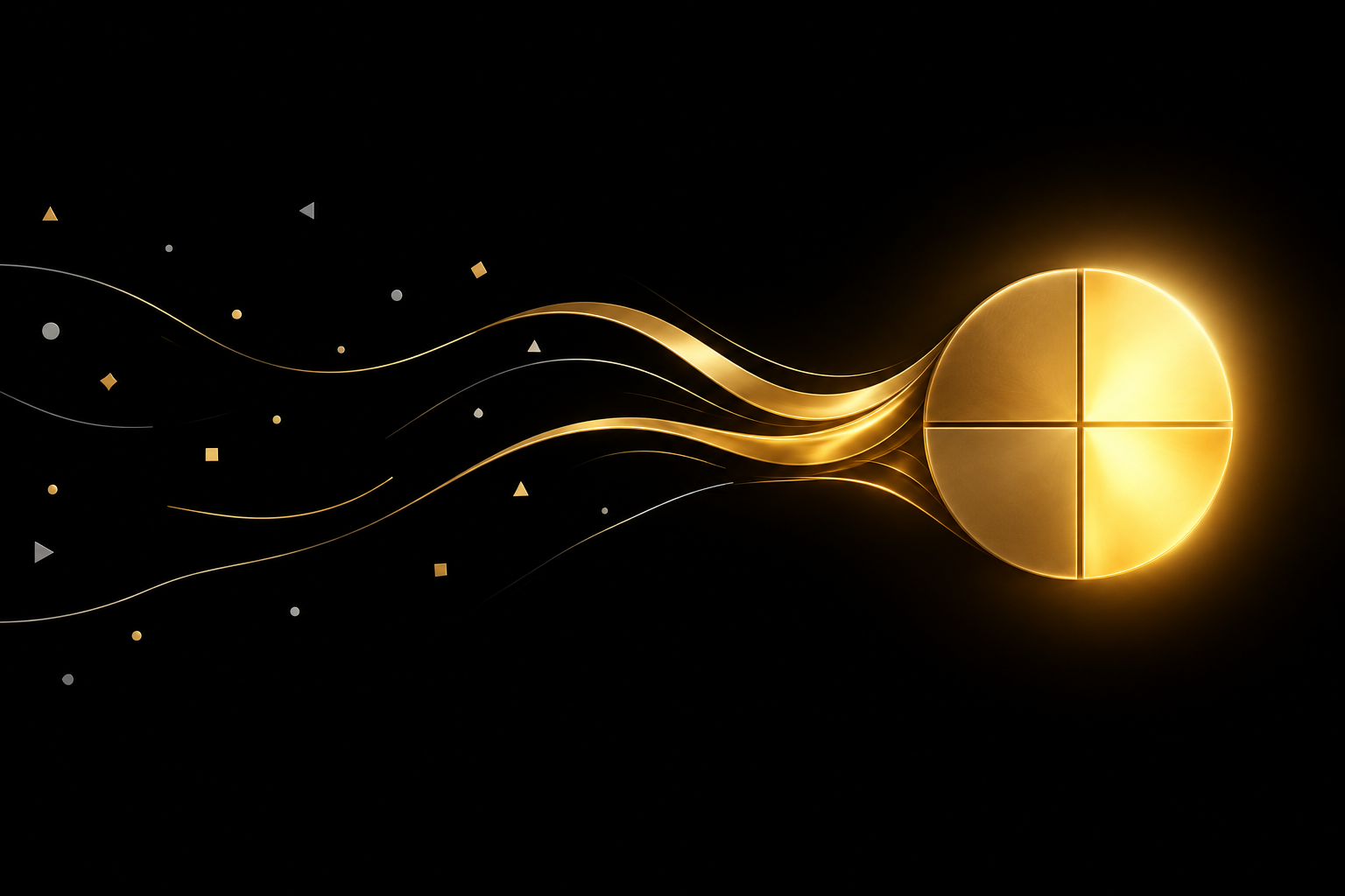 Abstrakte Illustration: verstreute Splitter auf schwarzem Grund fließen als goldene Bänder zu einer goldenen Scheibe, die ein Kreuz in vier Viertel teilt, die rechten Viertel leuchten heller, Symbolbild für den Cashflow-Quadranten aus Rich Dad Poor Dad