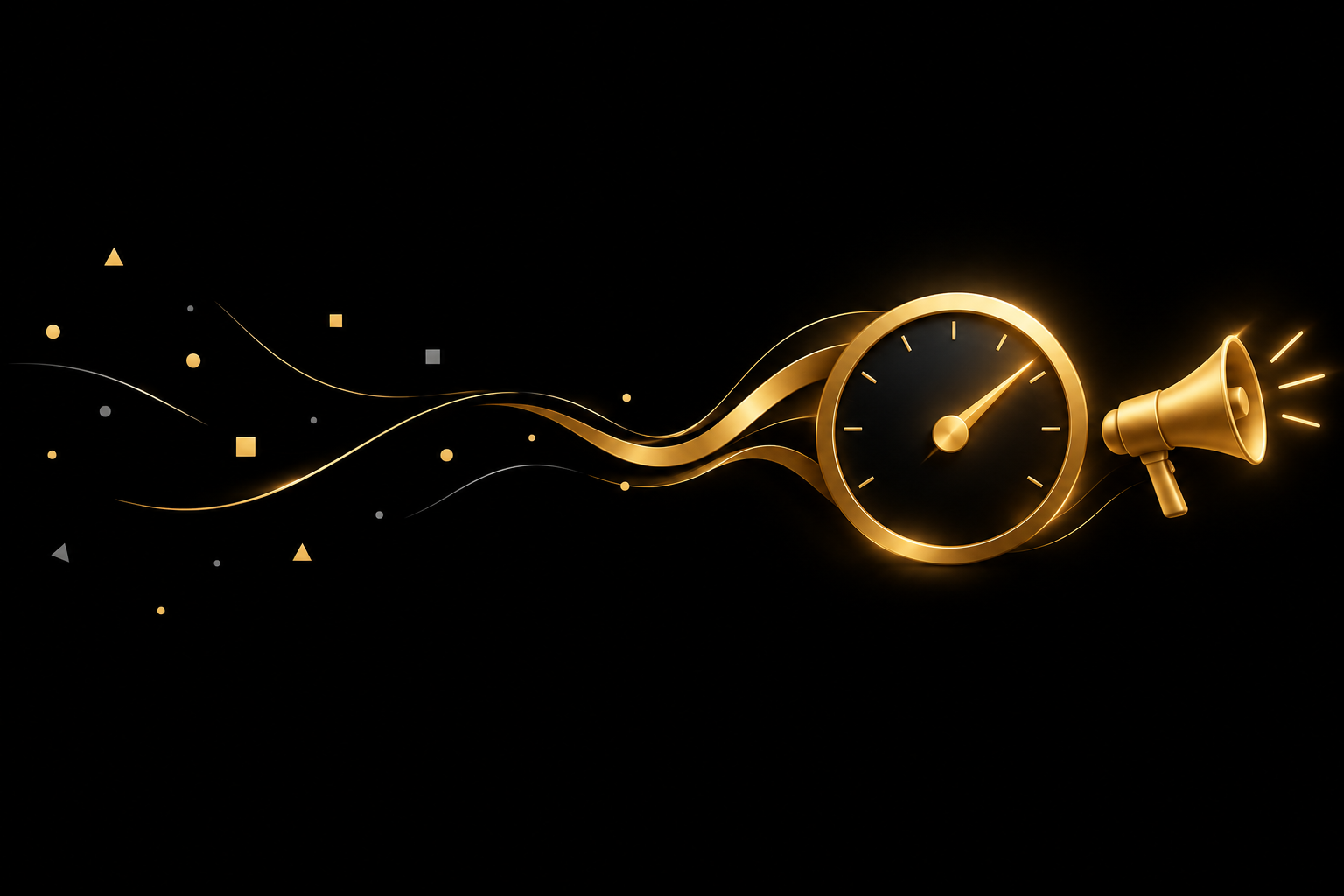 Abstrakte Illustration: verstreute Splitter auf schwarzem Grund fließen als goldene Bänder zu einem goldenen Tacho ohne Zahlen, dessen Nadel nach rechts oben zeigt, daneben ein goldenes Megafon, Symbolbild für die Rendite von Werbung