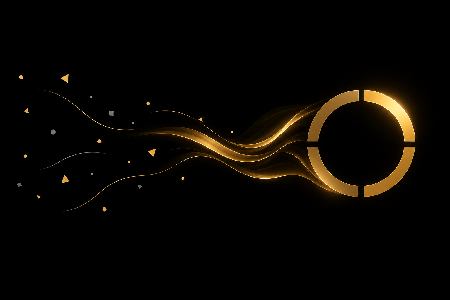 Abstrakte Illustration: verstreute graue und goldene Splitter auf schwarzem Grund fließen als goldene Bänder in einen Ring aus vier Bogenstücken, Symbolbild für die vier Jahreszeiten