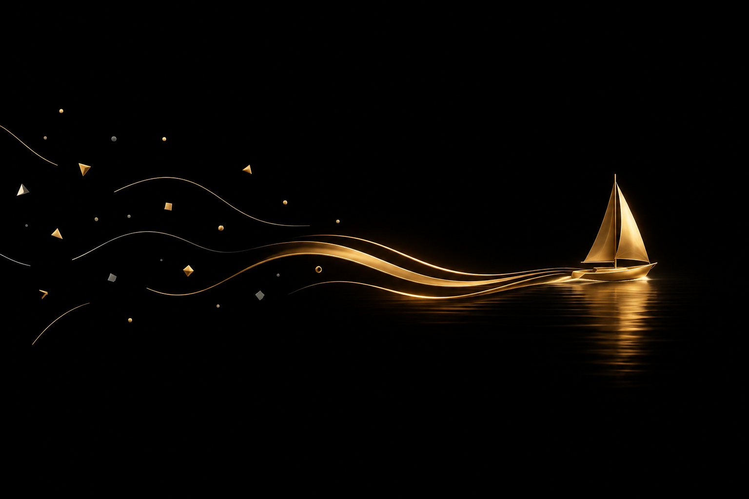 Abstrakte Illustration: verstreute Splitter auf schwarzem Grund fließen als goldene Bänder zu einem goldenen Segelboot auf ruhigem dunklem Wasser, Symbolbild für den Schritt in die Selbstständigkeit