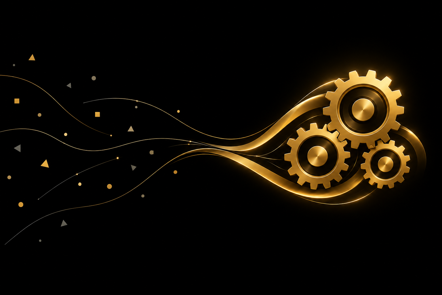 Abstrakte Illustration: verstreute Splitter auf schwarzem Grund fließen als goldene Bänder zu drei ineinandergreifenden goldenen Zahnrädern, Symbolbild für Mensch, Maschine und Material im Stundensatz
