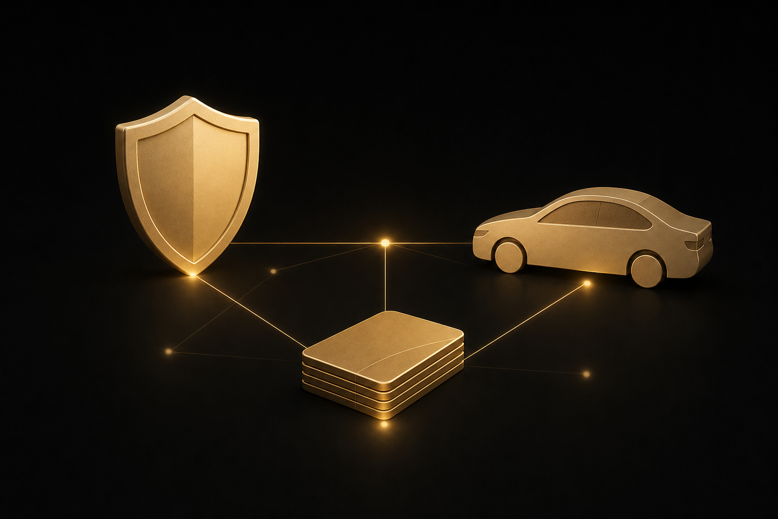 Abstrakte Illustration: ein goldenes Schild, ein Auto und ein Kartenstapel, verbunden durch leuchtende Linien, Symbolbild für Versicherungen und Finanzen