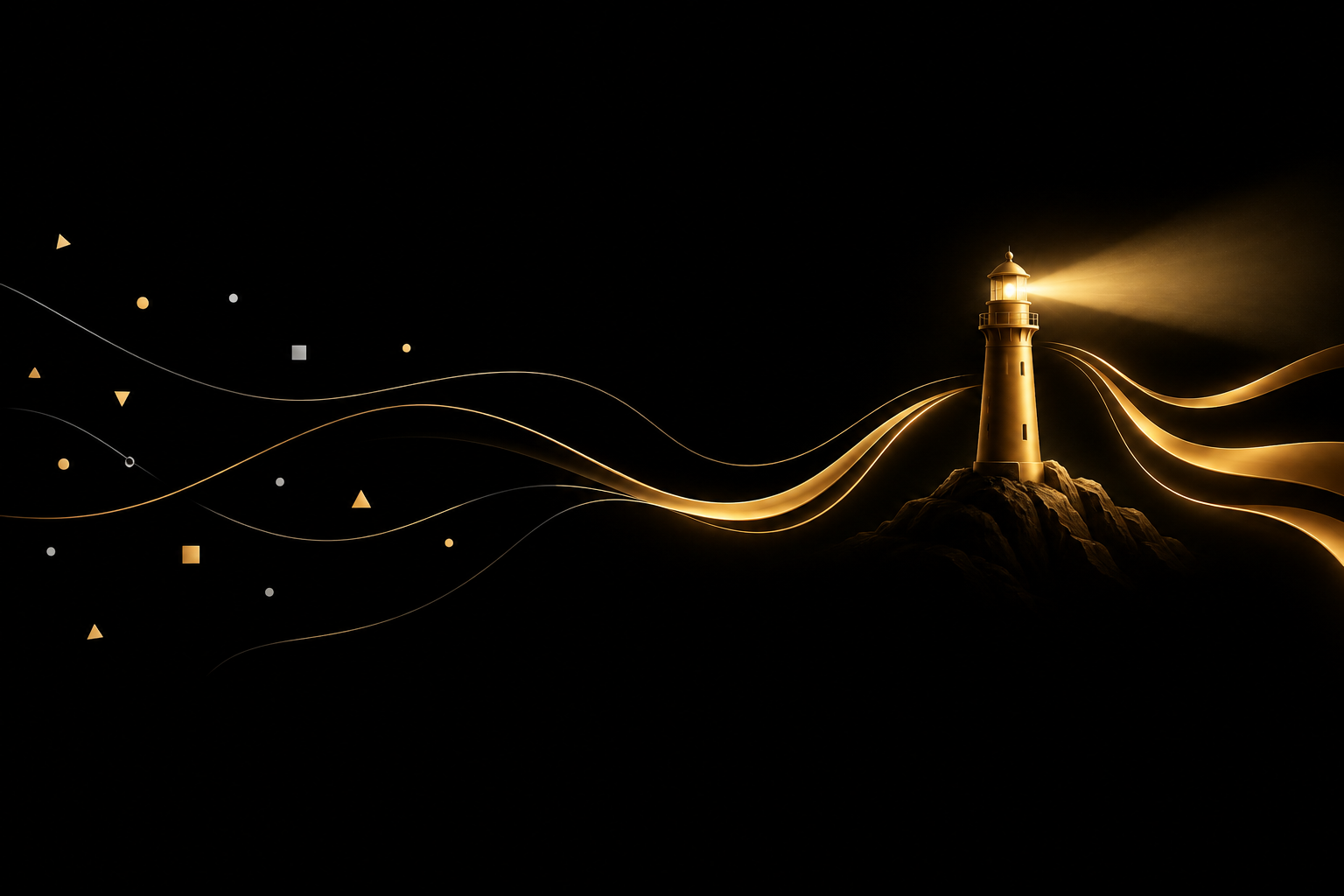 Abstrakte Illustration: verstreute Splitter auf schwarzem Grund fließen als goldene Bänder zu einem goldenen Leuchtturm, dessen Lichtstrahl nach außen leuchtet, Symbolbild für Push und Pull Traffic