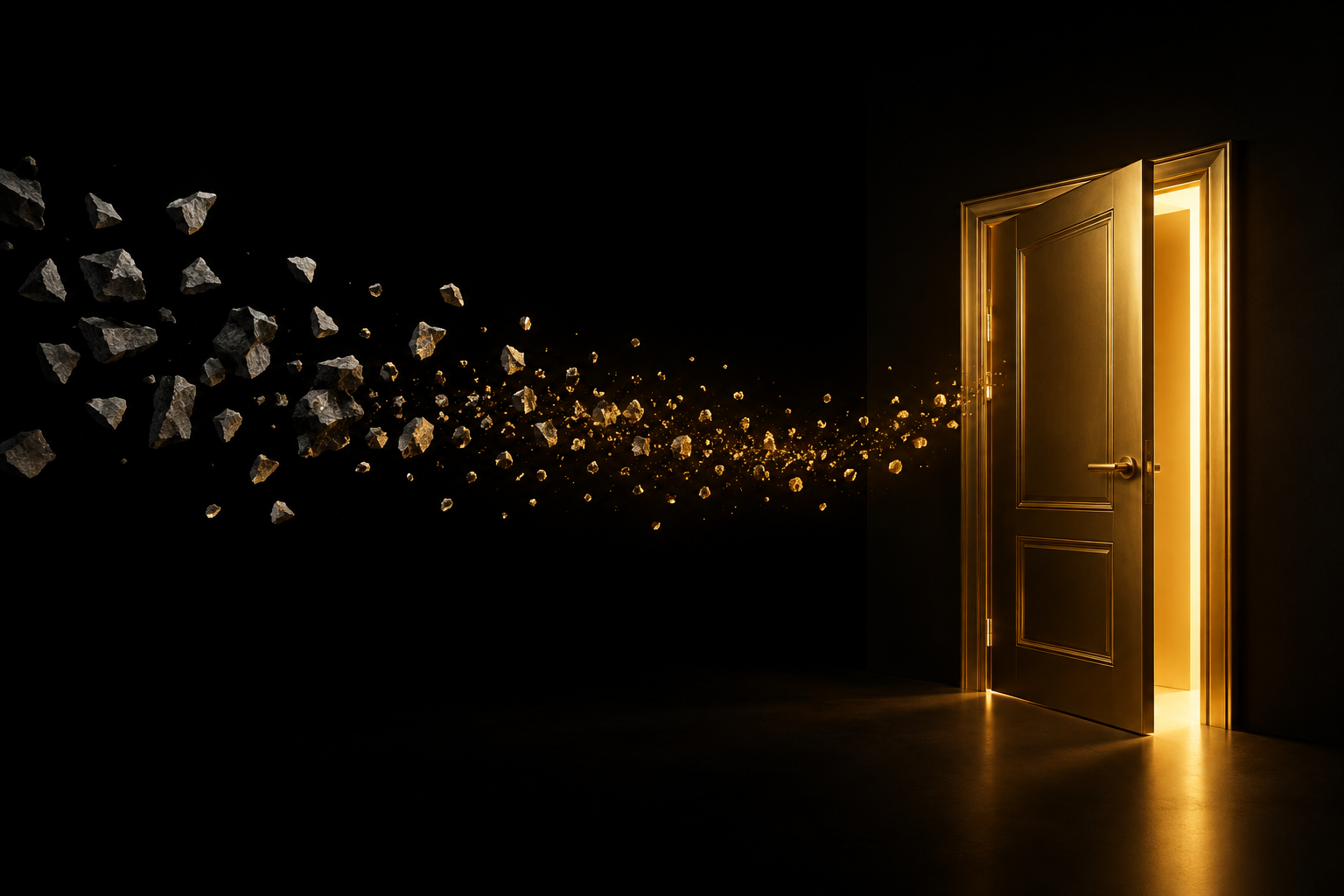 Abstrakte Illustration: eine goldene Tür steht auf schwarzem Grund einen Spalt offen, warmes goldenes Licht fällt heraus, Symbolbild für einen Plan B