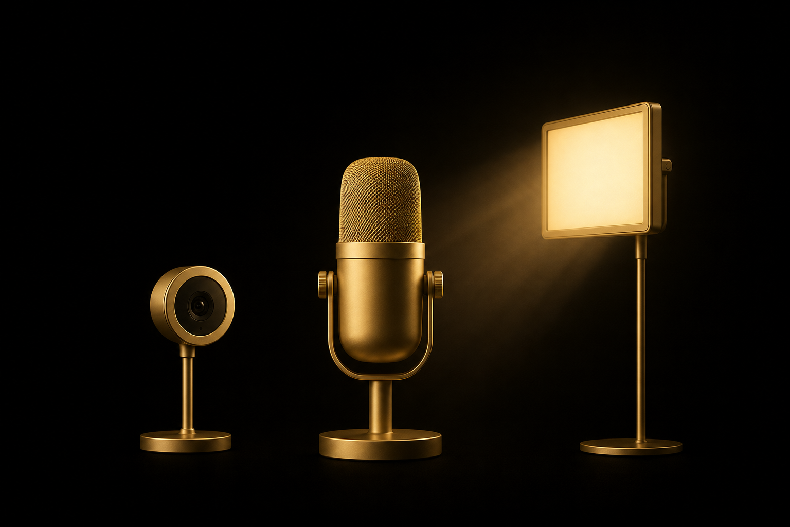 Abstrakte Illustration: ein goldenes Studiomikrofon zwischen einer kleinen Webcam und einem leuchtenden Flächenlicht auf schwarzem Grund, Symbolbild für Video-Ausstattung
