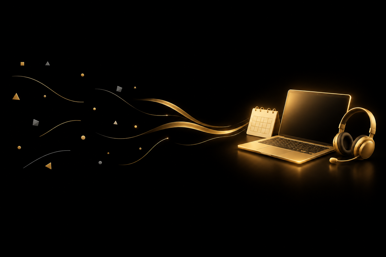 Abstrakte Illustration: verstreute Splitter auf schwarzem Grund fließen als goldene Bänder zu einem goldenen Laptop mit einem Kalenderblatt und einem Headset, Symbolbild für virtuelle Assistenz