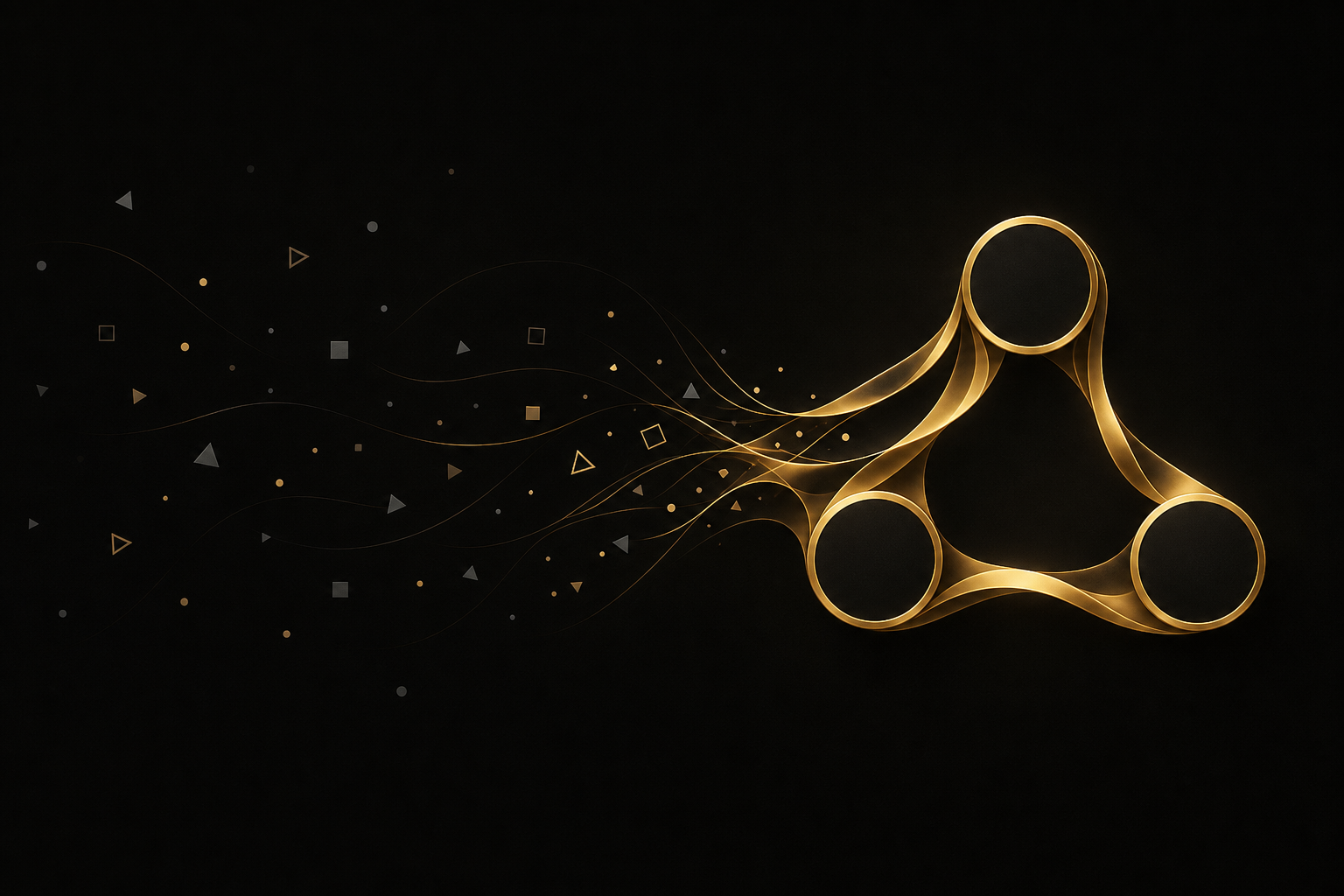 Abstrakte Illustration: verstreute graue Splitter auf schwarzem Grund fließen zu drei goldenen, durch Bänder verbundenen Kreisen, Symbolbild für Anbieter, Partner und Kunde