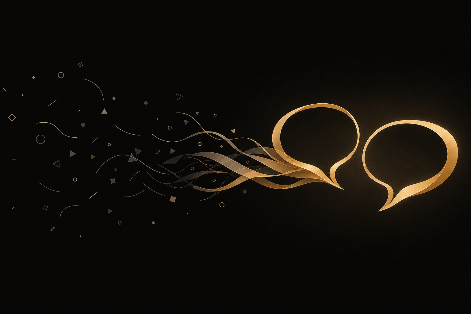 Abstrakte Illustration: verstreute graue Splitter lösen sich auf und formen zwei goldene Sprechblasen im Dialog, Symbolbild für die Erklärung von Digistore24