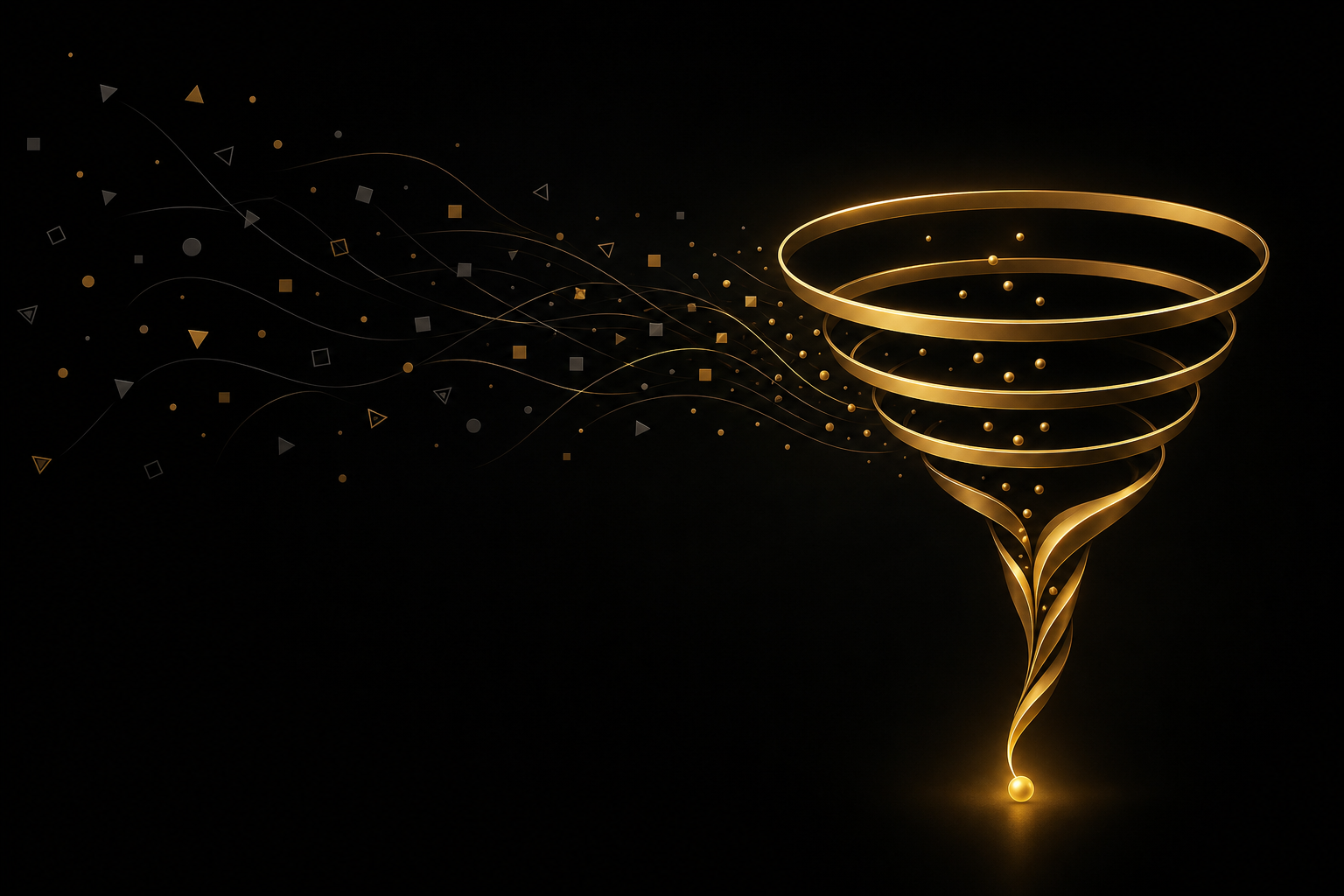 Abstrakte Illustration: verstreute graue Splitter auf schwarzem Grund fließen in einen goldenen Trichter aus gestapelten Ringen, unten tritt ein leuchtender Punkt aus, Symbolbild für einen Sales Funnel