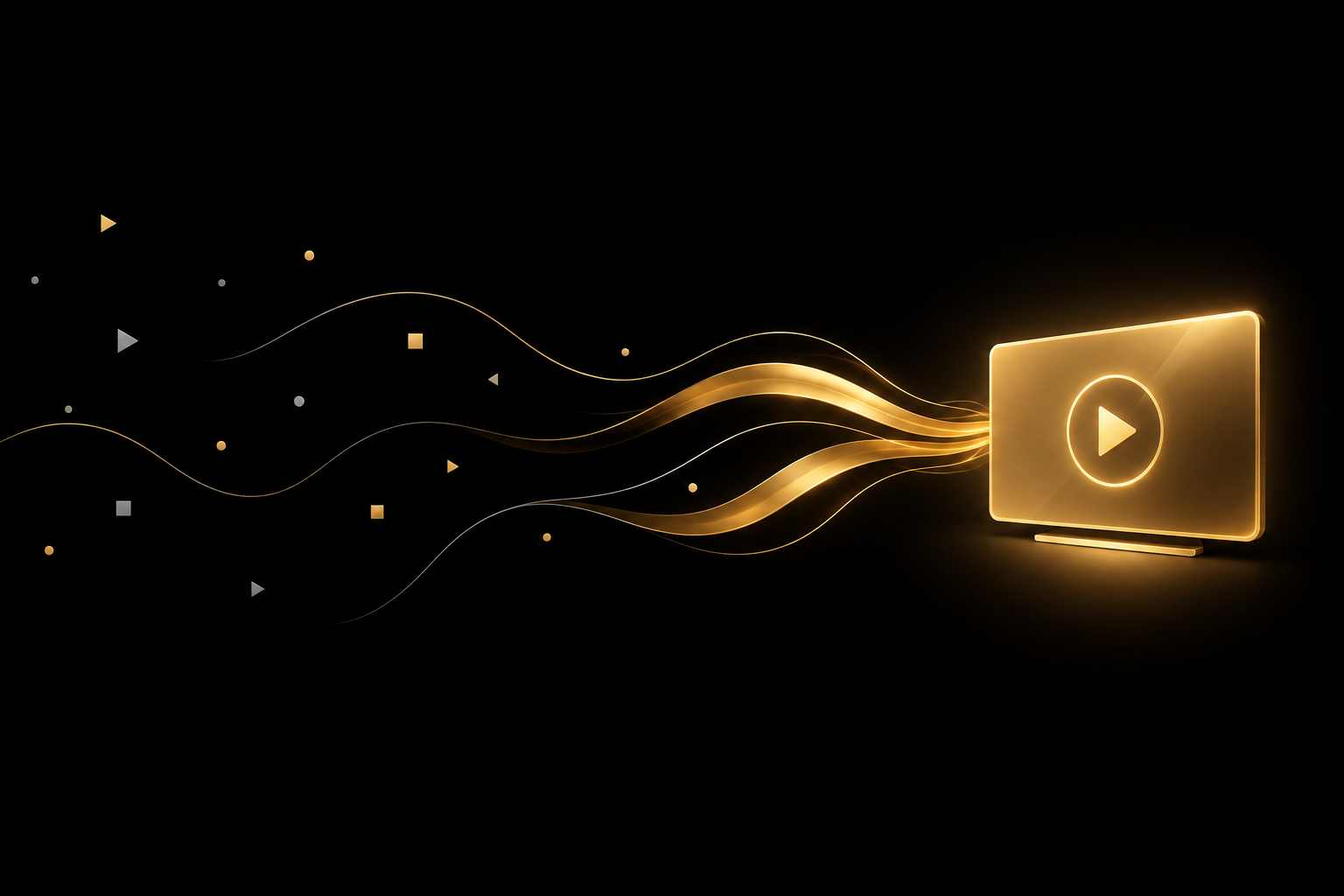 Abstrakte Illustration: verstreute Splitter auf schwarzem Grund fließen als goldene Bänder zu einem goldenen Bildschirm mit Play-Symbol, Symbolbild für ein Webinar