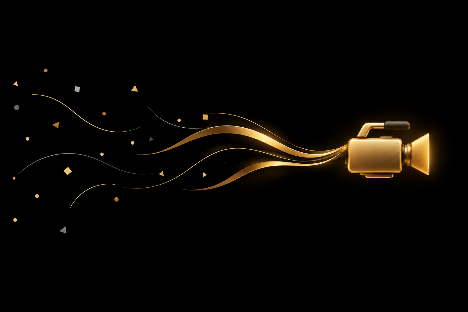 Abstrakte Illustration: verstreute Splitter auf schwarzem Grund fließen als goldene Bänder zu einer goldenen Videokamera, Symbolbild für das Erstellen eines YouTube-Kanals