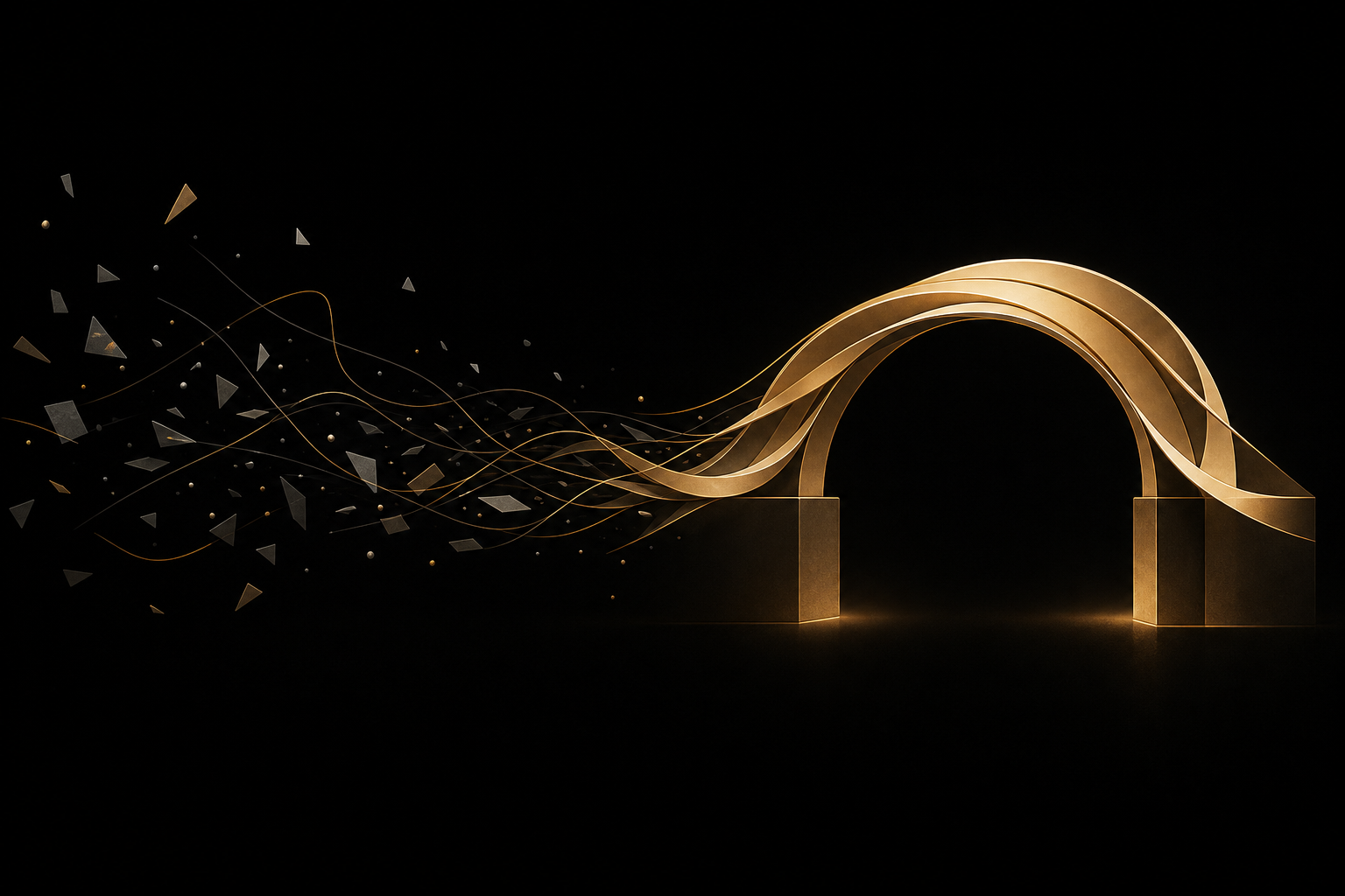 Abstrakte Illustration: verstreute graue Splitter lösen sich auf und formen einen goldenen, auf zwei Pfeilern ruhenden Torbogen, Symbolbild für ein stabiles zweites Standbein