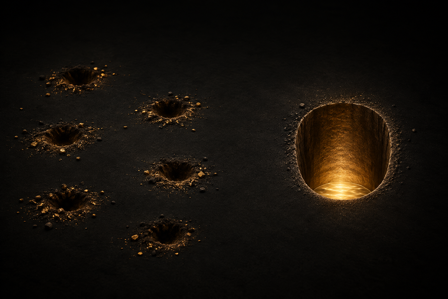 Illustration: Links viele flache, halb gegrabene Löcher, rechts ein einziger tiefer Schacht, in dem goldenes Licht leuchtet