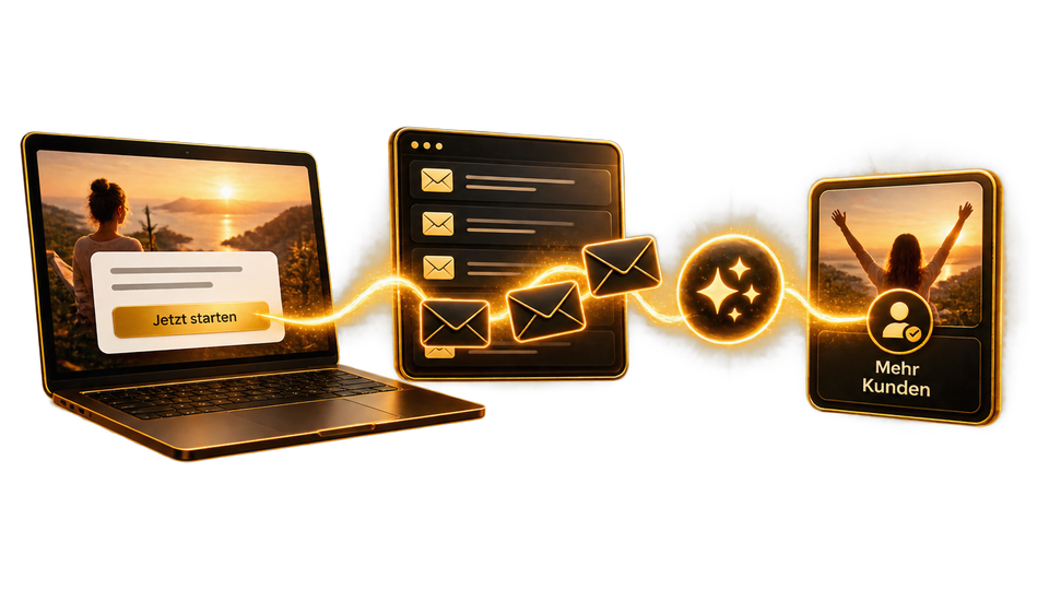 Laptop mit Seite, verbunden mit einer E-Mail-Folge