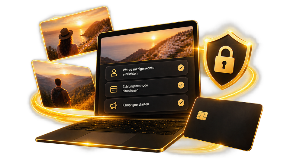 Laptop mit Werbekonto, Schloss und Zahlungskarte
