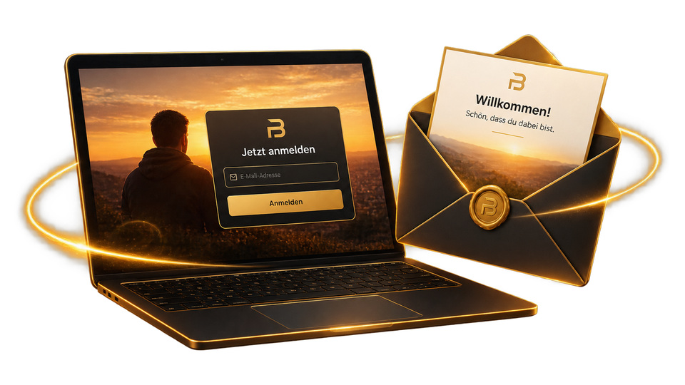 Laptop mit Anmeldeseite und eine Willkommens-E-Mail