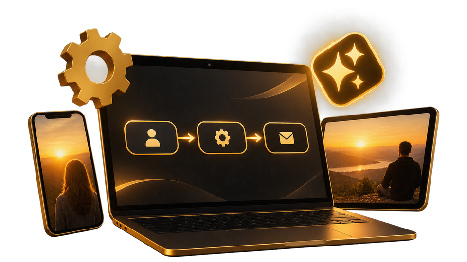 Laptop mit einem automatischen Ablauf, dazu Zahnrad und KI-Symbol