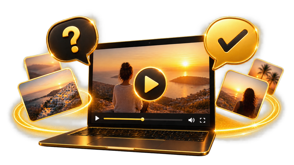 Laptop mit Video und Sprechblasen für Fragen und Antworten