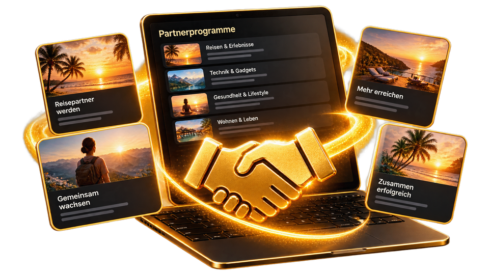 Laptop mit einer Liste von Partnerprogrammen und Handschlag-Symbol