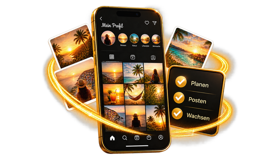 Smartphone mit Profil und geplantem Beitrag, daneben eine Checkliste