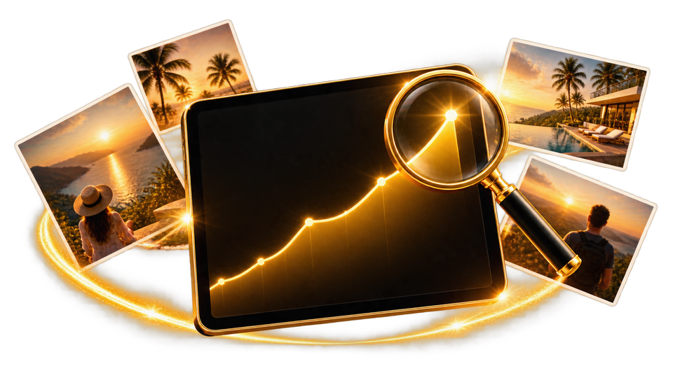 Tablet mit steigender Trendkurve und Lupe