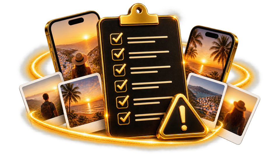 Klemmbrett mit abgehakter Checkliste und Warnschild