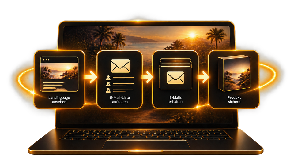 Laptop mit dem Ablauf von der Seite über die E-Mail-Liste zum Produkt