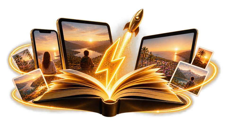 Offenes Buch mit Blitz und kleiner Rakete