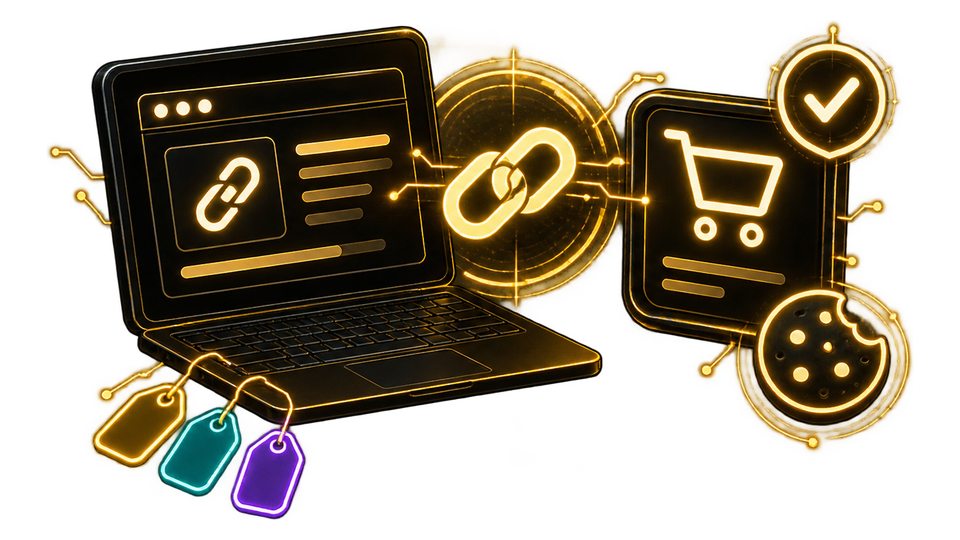 Laptop mit Link-Symbol, Warenkorb, Haken und Cookie