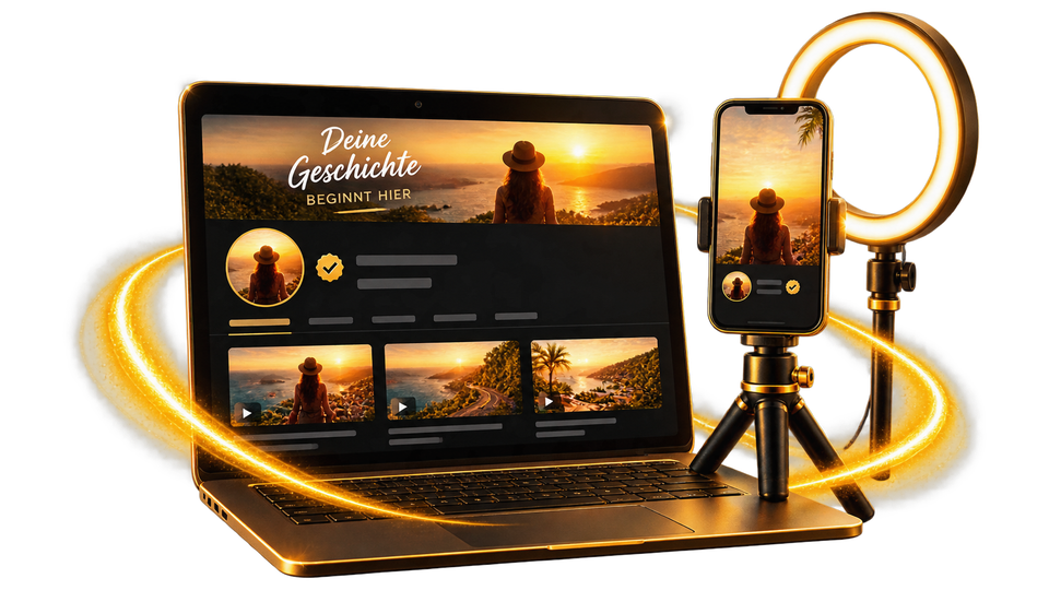 Laptop mit Kanalseite, daneben Smartphone auf Stativ