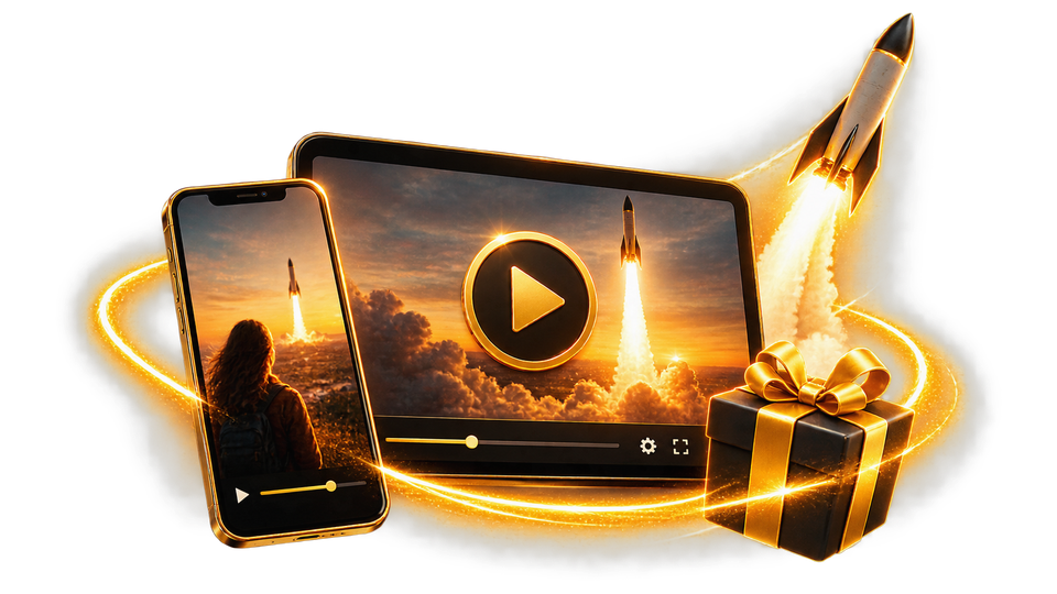Rakete neben Videoplayer und Geschenkbox