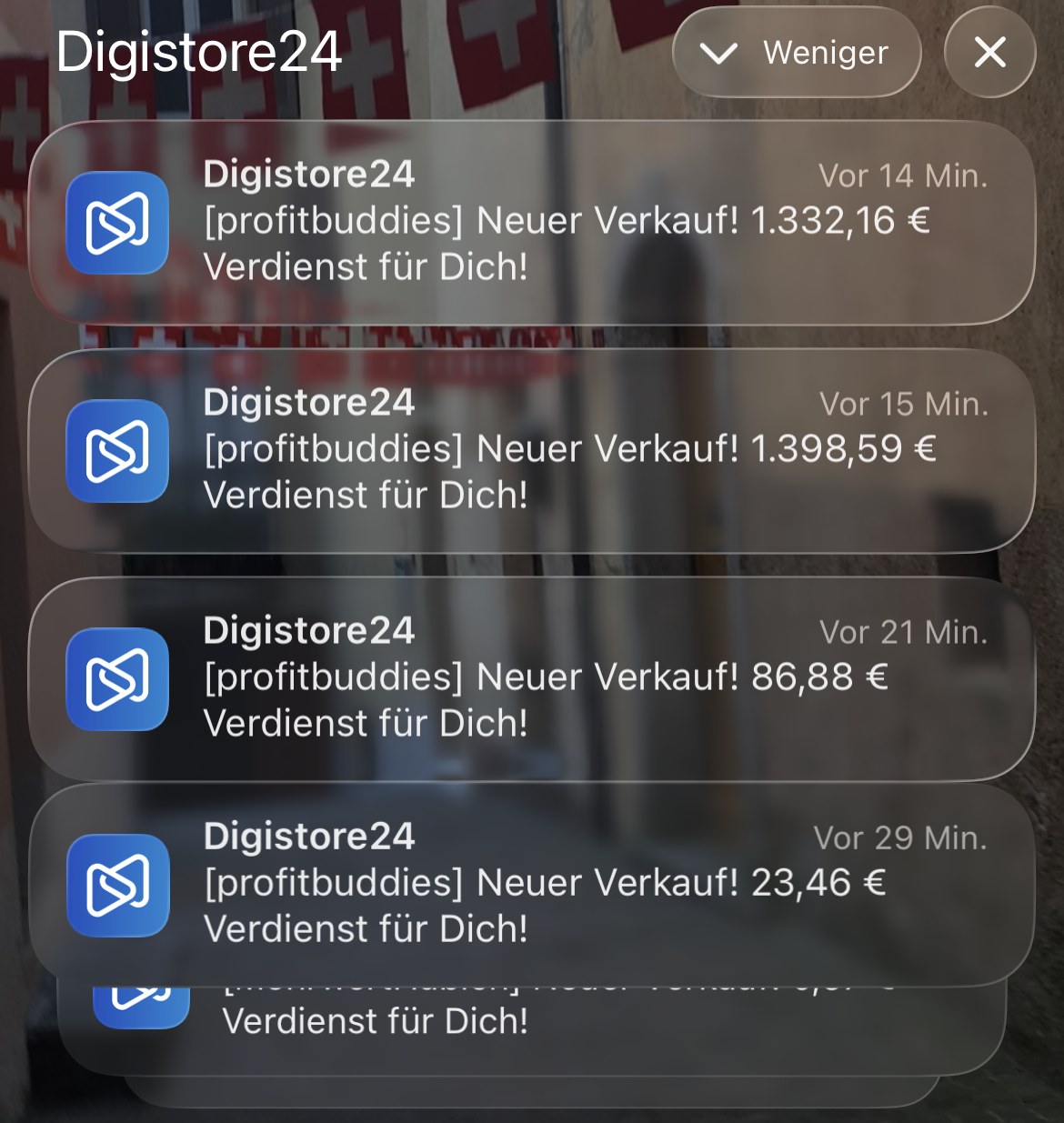 Screenshot der Digistore24-App: vier Meldungen „[profitbuddies] Neuer Verkauf!“ mit 1.332,16 €, 1.398,59 €, 86,88 € und 23,46 € Verdienst