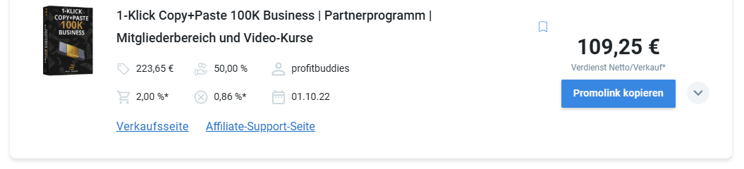Screenshot einer Produktkarte im Digistore24-Marktplatz: 1-Klick Copy+Paste 100K Business, 223,65 €, 50,00 % Provision, 109,25 € Verdienst netto pro Verkauf, Button „Promolink kopieren“